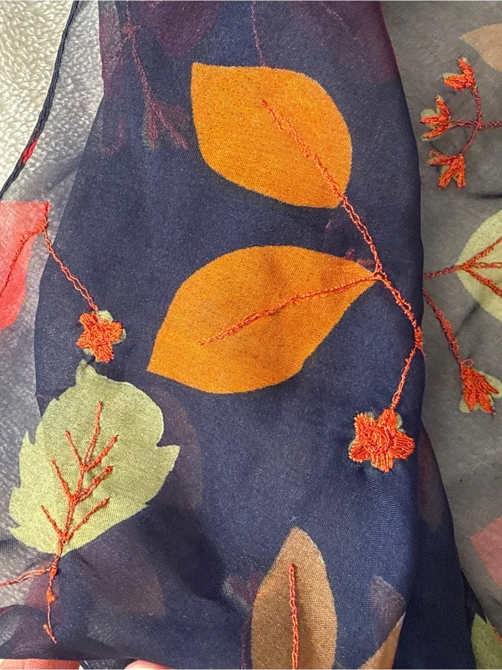 Vintage Echo Fall Leaves Embroidered Square Neck Scarf 21